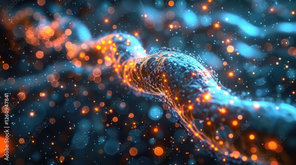 Poster abstract visualization of technological innovations featuring a glowing strand with dynamic neon par