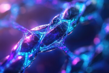 Завораживающее макро изображение переплетенных неоновых сине-фиолетовых нитей в цифровом искусстве