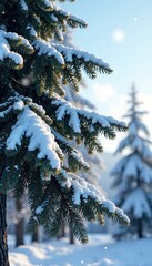 Frosty tree branches stretching towards the sky, snowflakes, snow, snow-covered evergreen tree