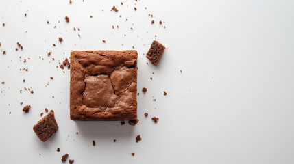 Fudge Chocolate Brownie with Crumbs on White Background