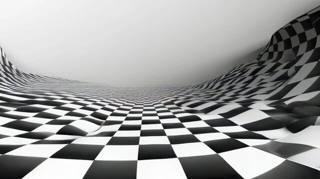 Dynamic Abstract Design Distorted Black and White Checkered Pattern with Wavy Surface Texture and Movement