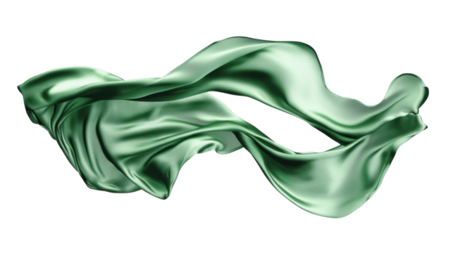 Elegant green silk fabric flowing on transparent background