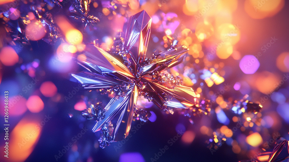 Poster vibrant crystal snowflake illuminated by colorful lights in an abstract setting