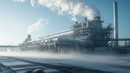 Obraz premium Industrial Facility with Steam Emissions in Morning Fog, Showcasing Modern Technology and Environmental Impact in a Unique Atmospheric Setting