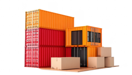 Stacked Shipping Containers with Cardboard Boxes symbolizing logistics, cargo handling, and global trade. 
