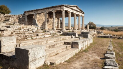 Fototapeta premium Ancient Greek temple ruins, sunny day, hillside background, historical site, travel photography