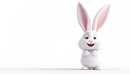 Obraz premium 3d Bunny Animation Cartoon Cute Smiling Fluffy Ears White Background Copy Space Happy Easter Greeting Card