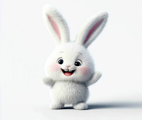Obraz premium 3d Bunny Animation Cartoon Cute Smiling Fluffy Ears White Background Copy Space Happy Easter Greeting Card