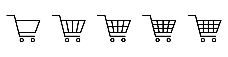 A collection of black shopping cart icons in various styles, ideal for e-commerce, online stores, and shopping apps.