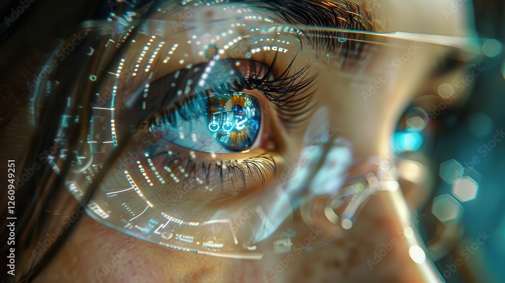 Poster close-up of a person's eye reflected with digital interface and technology elements illustrating inn