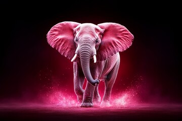 A vibrant, pink elephant stands majestically against a dark background, creating a striking visual with splashes of color.