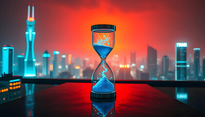 holographic hourglass projecting glowing blue time particles, placed on a neon