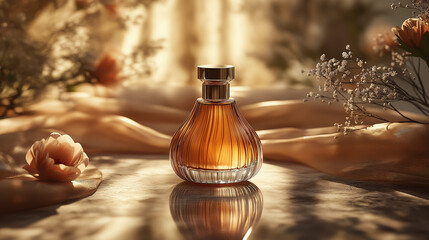 Elegant Luxury Perfume Bottle with Golden Silk and Floral Decor  
