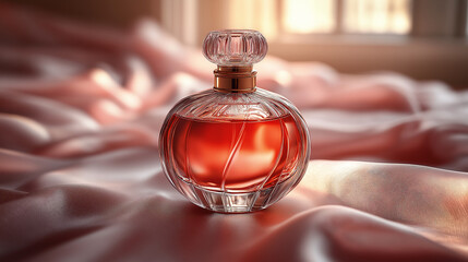 Luxury Perfume Bottle on Silk Fabric with Soft Warm Light  
