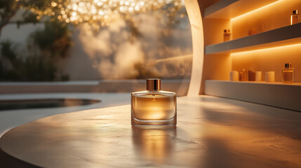 Elegant Luxury Perfume Bottle with Golden Silk and Floral Decor  
