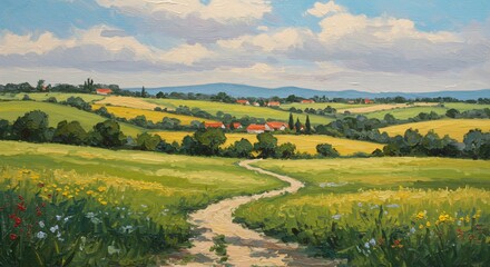 Obraz premium A winding dirt path leads through rolling green fields and vibrant wildflowers towards a charming village with red-roofed houses, set against distant blue hills under a partly cloudy sky.