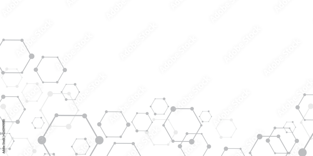 Poster Molecular structure abstract tech background. Geometric white background. Vector banner design with hexagons. Science network pattern, connecting lines and dots Medical background, Vector illustration