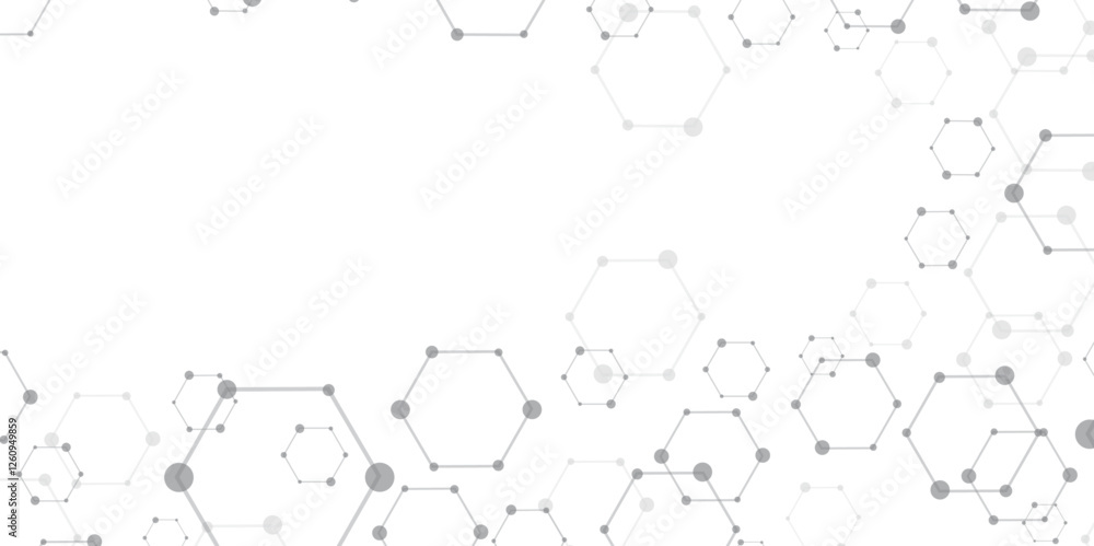 Poster Molecular structure abstract tech background. Geometric white background. Vector banner design with hexagons. Science network pattern, connecting lines and dots Medical background, Vector illustration