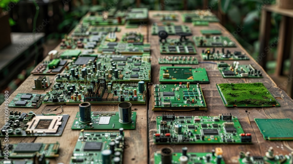 Poster detailed close-up of multiple circuit boards on a wooden surface in a tech-inspired environment with