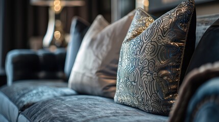 Close-up of an elegant living room featuring luxurious looking chair cushions
