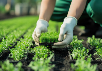 A person wearing white gloves is gently laying green grass onto prepared soil in a vibrant garden during daylight hours