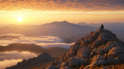Breathtaking Sunset Landscape with Solitary Traveler Sitting on Rocky Mountain Peak Above the Clouds, Scenic Horizon and Majestic Mountains