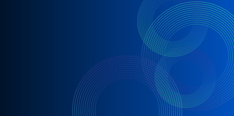 Abstract circle lines on dark blue background. Geometric stripe line art design with shadows. Futuristic technology concept. Horizontal banner template. vector background, backdrop, graphic, tech.	