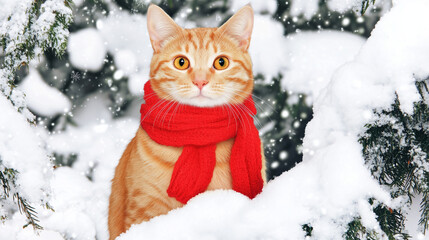Adorable ginger cat wearing a cozy red scarf in a snowy winter wonderland, surrounded by snow-covered trees and falling snowflakes, perfect for Christmas, holiday cards, and festive designs