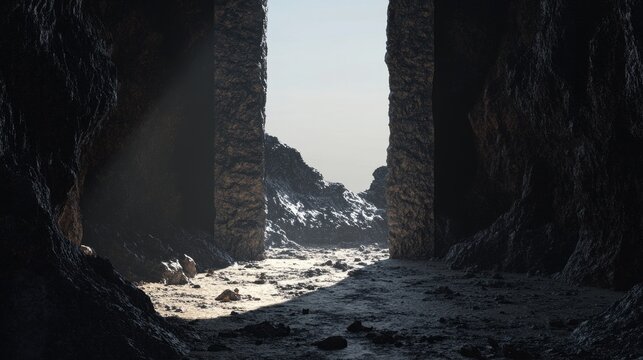 A dark cave with a small opening in the middle