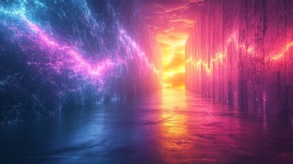 A colorful, neon-lit tunnel with a bright orange sun in the background