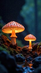 Fototapeta premium Glowing fungal caps illuminate the dark caverns, mushrooms, earthy, mysterious