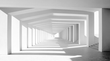 A long, narrow hallway with white pillars on either side