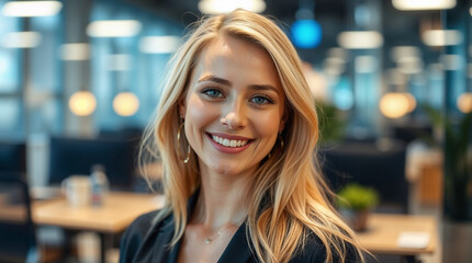 Beautiful Nordic blonde woman in modern office. Cheerful young lady from Oslo, Norway posing in coworking space with a smile