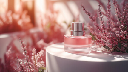 Luxury Pink Perfume Bottle Mockup with Floral Background  
