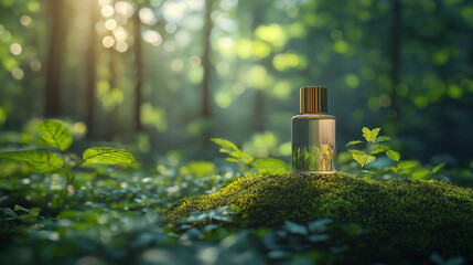 Luxury Perfume Bottle on Moss in Sunlit Forest &ndash; Organic Beauty Concept  