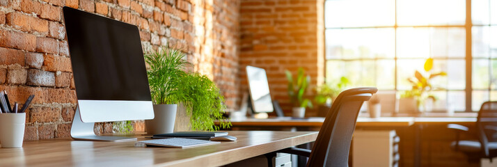 modern office space with exposed brick walls features sleek desks, ergonomic chairs, and large windows allowing natural light to illuminate room, creating productive atmosphere