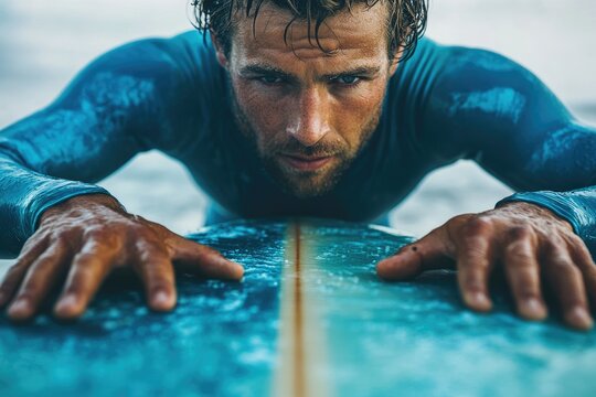 A determined surfer, clad in a wetsuit, leans over his surfboard, ready to conquer the waves.