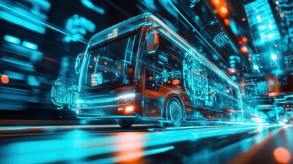 dazzling nighttime city drive, bus journey through illuminated streets nighttime