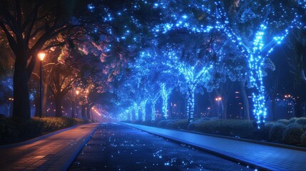 Enchanting Night Scene of Illuminated Trees Along a Serene Walkway in a Modern Urban Environment with Blue Lights and a Tranquil Atmosphere
