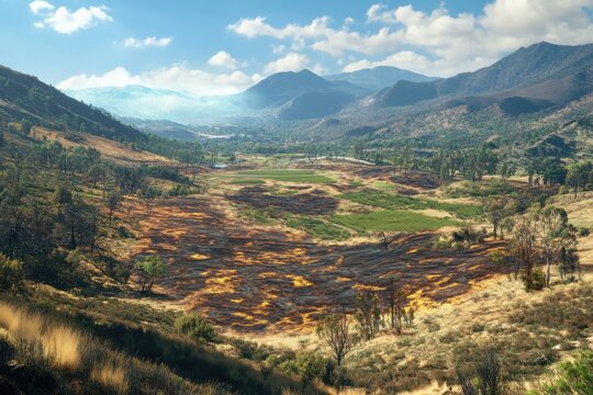 Scenic mountain valley landscape showcasing nature's resilience and recovery after a wildfire