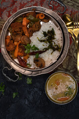 Seitan curry with mushroom, peppers, rice, lentil stew, copy space