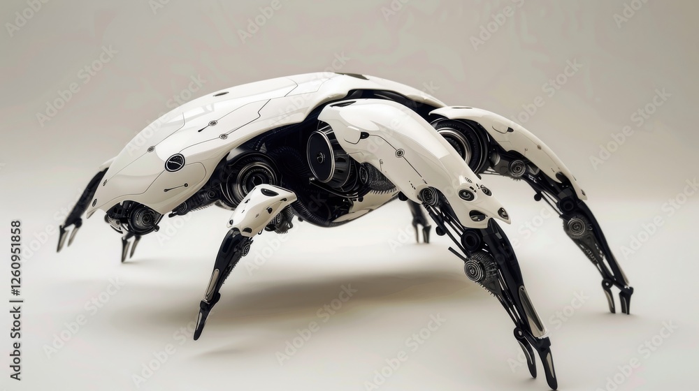 Poster futuristic robotic insect with sleek white design and intricate mechanics displayed on a clean backg