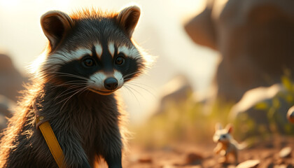 Obraz premium A cute raccoon standing in sunlight with a blurred forest background, showcasing its curious expression in a natural setting.