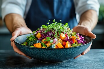 Chef presenting a vibrant, healthy salad with roasted vegetables and microgreens.