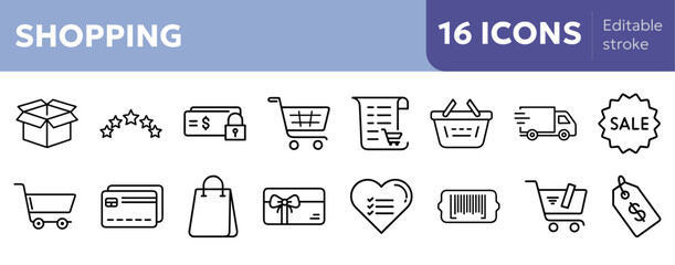 e-commerce icons including shopping cart, wishlist heart, delivery truck, price tag, gift card, review stars, sale badge, secure payment lock, checkout car