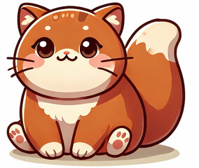 Cute cartoon cat with large eyes and a fluffy tail, sitting playfully on a light background.