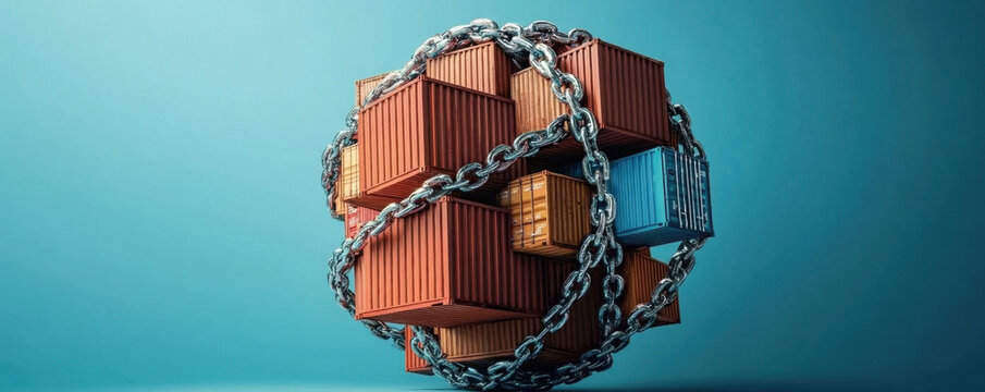 A globe wrapped in chains of tariff signs and duties, symbolizing trade barriers and global limitations, Trade barrier, Duties and restrictions in global commerce