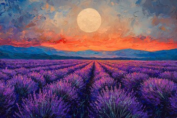 Fototapeta premium Dreamlike lavender fields stretching to the horizon, with a glowing full moon overhead.