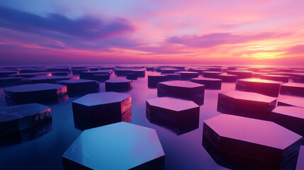 Obraz premium Colorful sunset reflecting on hexagonal ice formations in a tranquil landscape