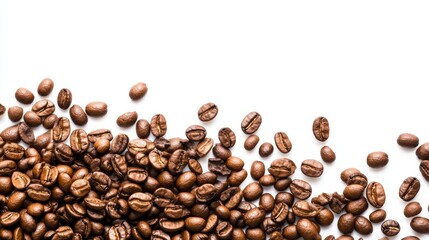 Scattered roasted coffee beans on a white background with copy space for commercial advertising and branding